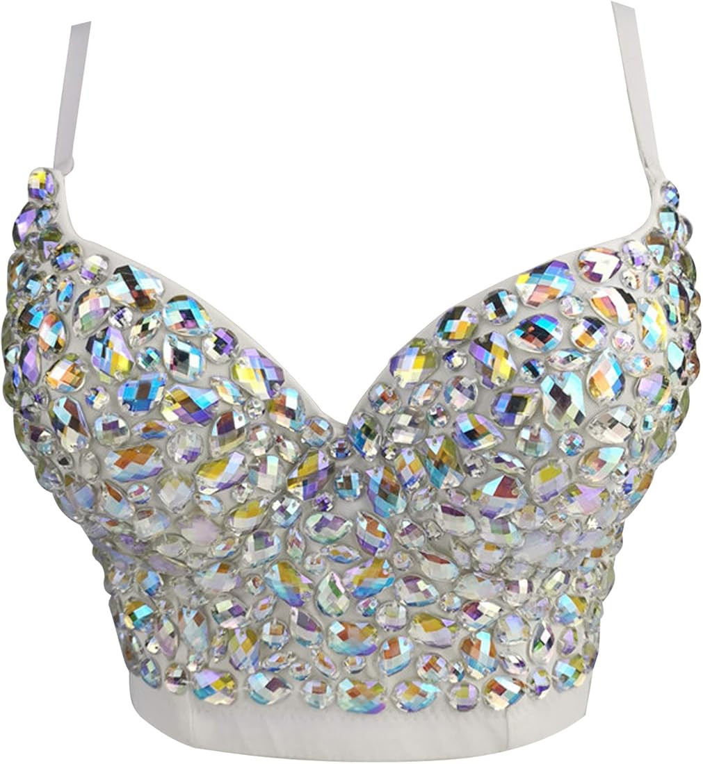 Women's Bustier Crop Top Mesh Corset Top Push up Rhinestone Diamond Bra Club Party Vest | Amazon (US)