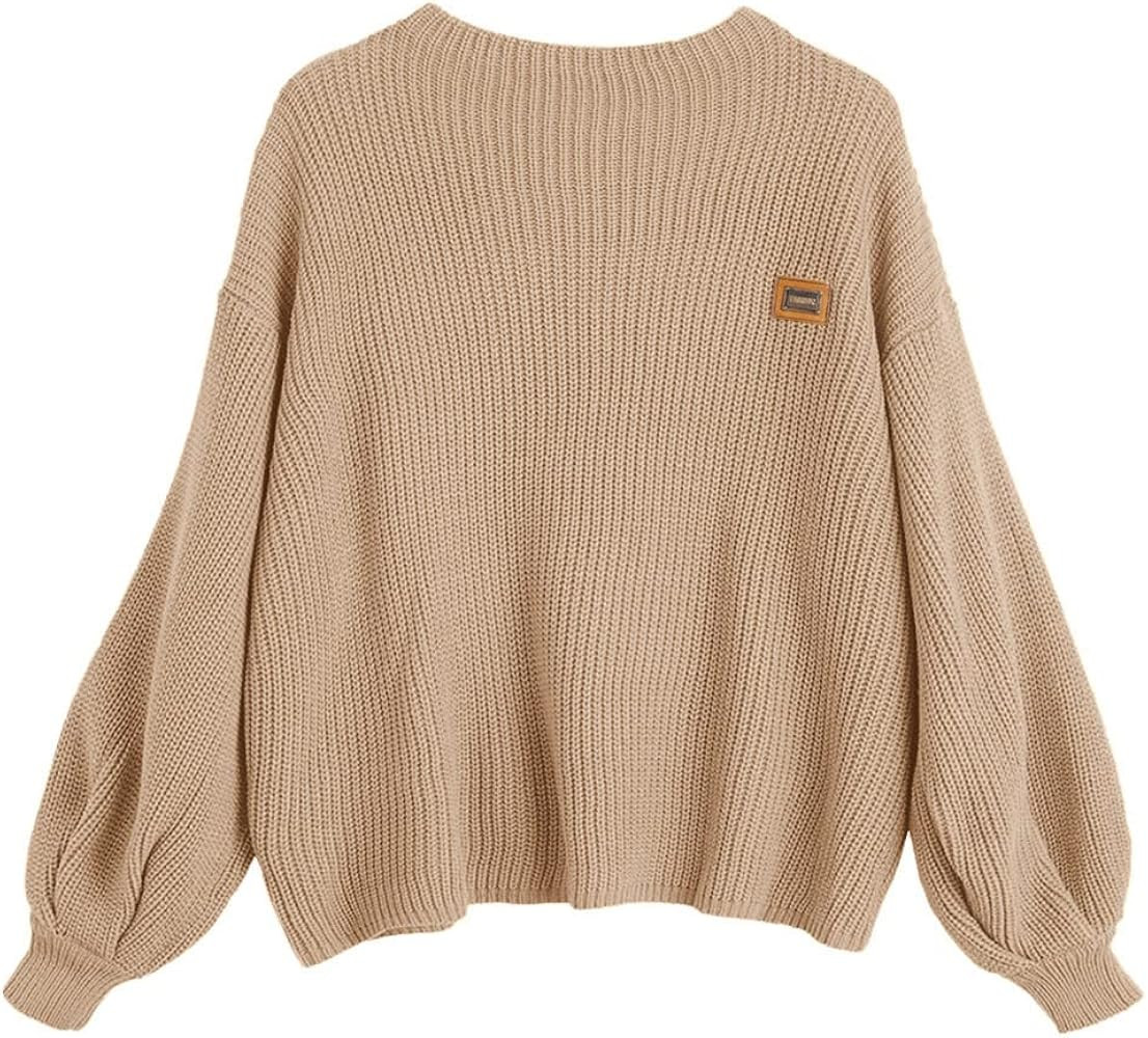 ZAFUL Fall Women Crewneck Long Lantern Sleeves Oversized Knit Sweater Badge Pullover Solid Ribbed... | Amazon (US)