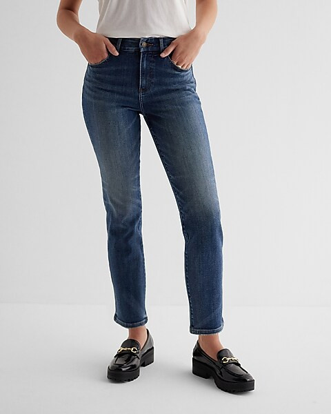 High Waisted Dark Wash FlexX Straight Ankle Jeans | Express