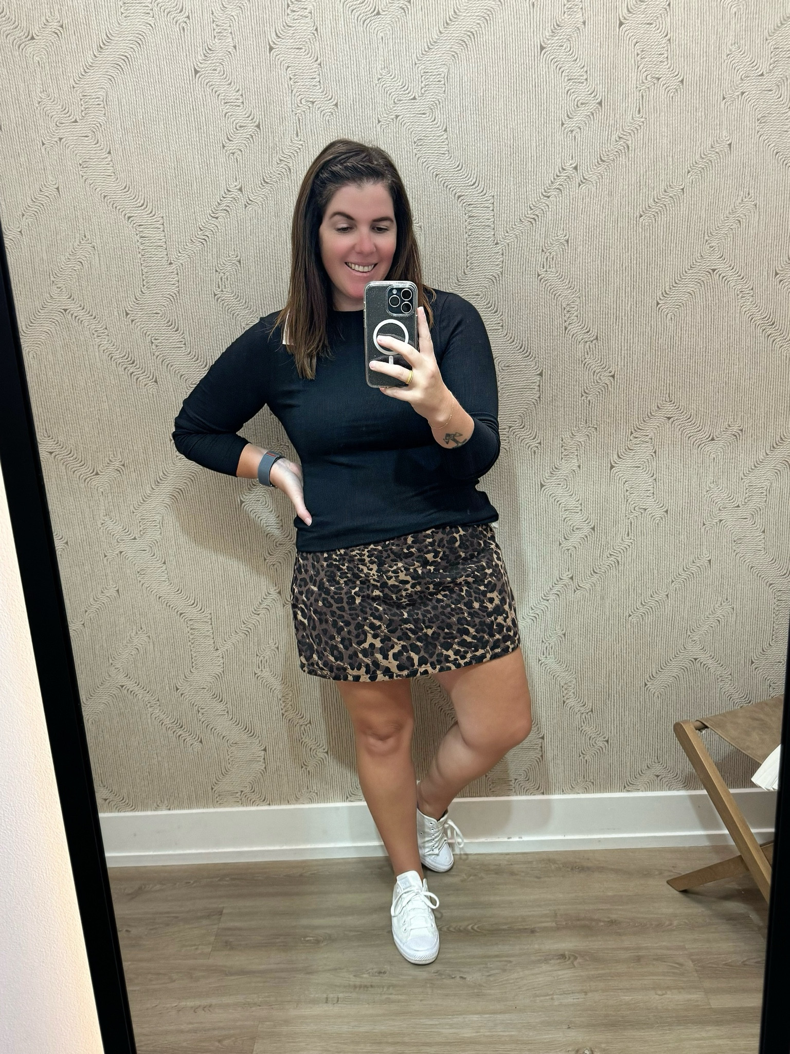 I grabbed this leopard print skort as a joke, but the joke is on me because I am obsessed with this look! The skort is denim, I did size up (for me), but I would say it runs TTS. The tee is just a basic black tee that would be a staple in your closet! Both pieces will be 20% off during the LTK Fall Sale! 

#LTKStyleTip #LTKSaleAlert #LTKFallSale
