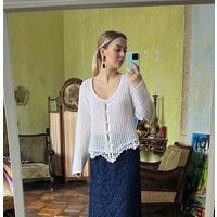 Vintage White Knit Cardigan, V-Neck Semi-Sheer Top | Etsy (US)