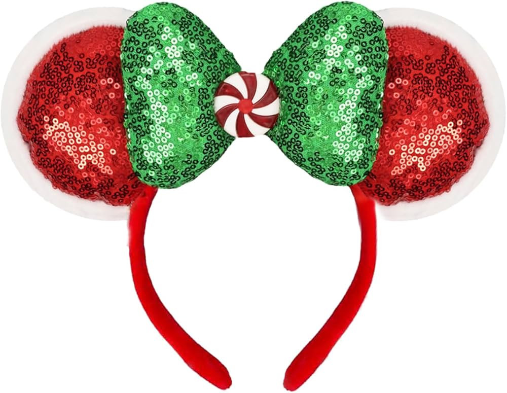 JIAHANG Christmas 3D Mouse Ear Headband with Sequin Bow, Glittering Red and Green Hairband with L... | Amazon (US)