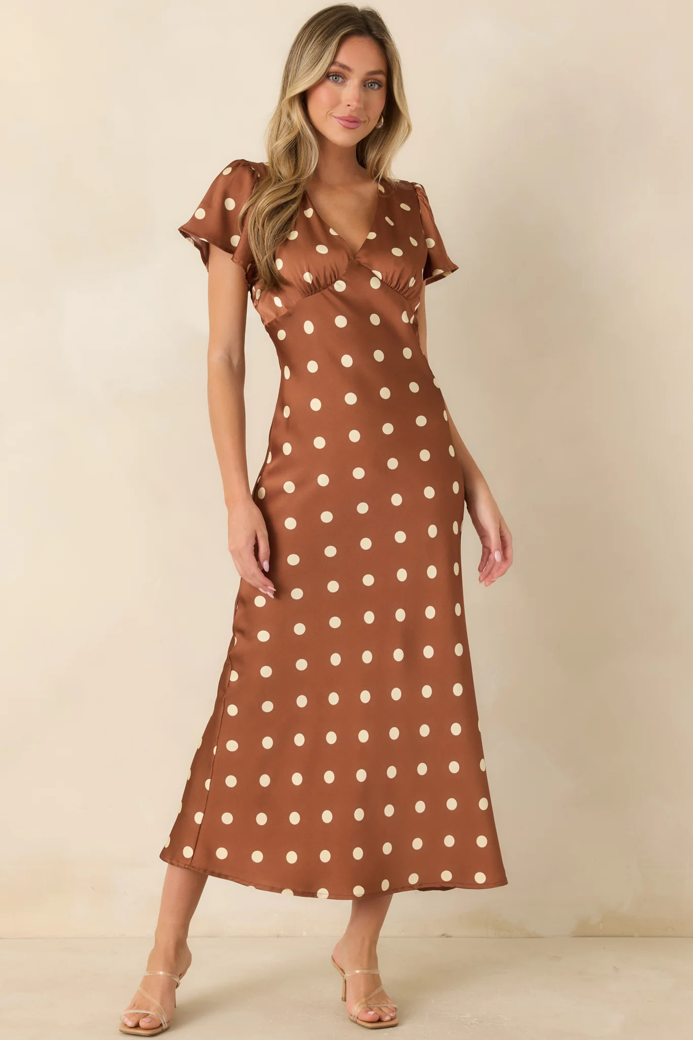Forever Classic Brown Polka Dot Satin Midi Dress L / Brown | Red Dress