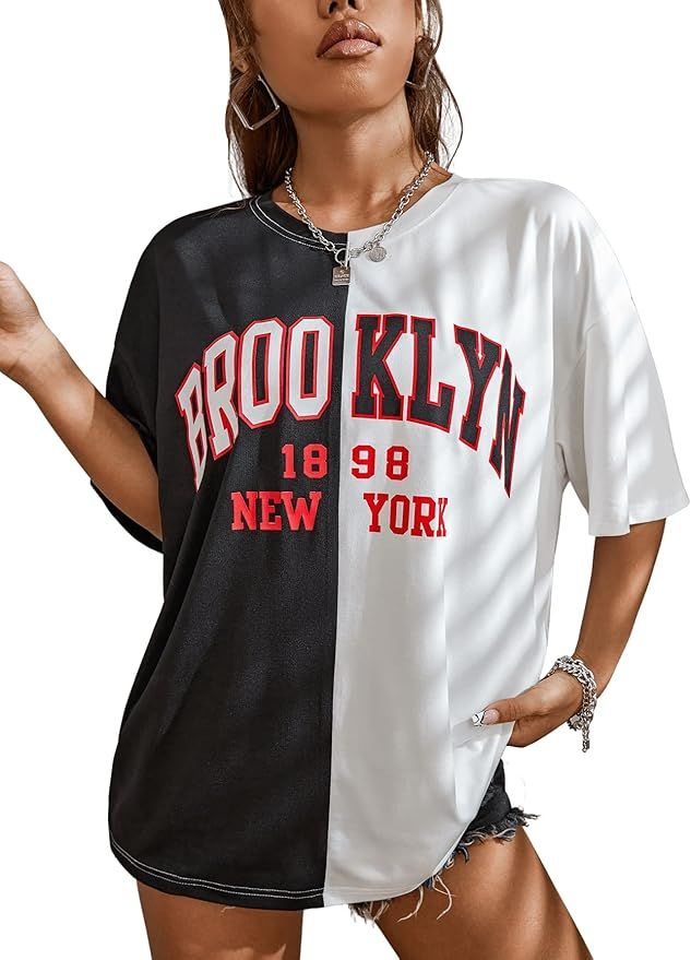 SOLY HUX Women's Brooklyn Letter Print Half Sleeve T Shirt Color Block Tee Top | Amazon (US)