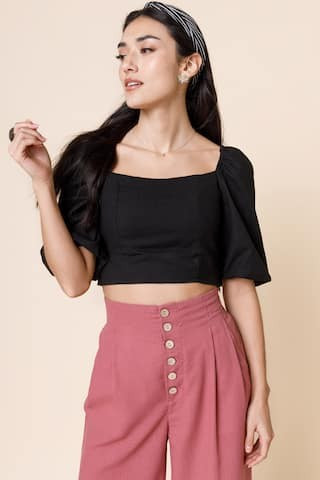 Women's Samantha Puff Sleeve Cropped Top in Black by Francesca's - Size: L | Francesca's