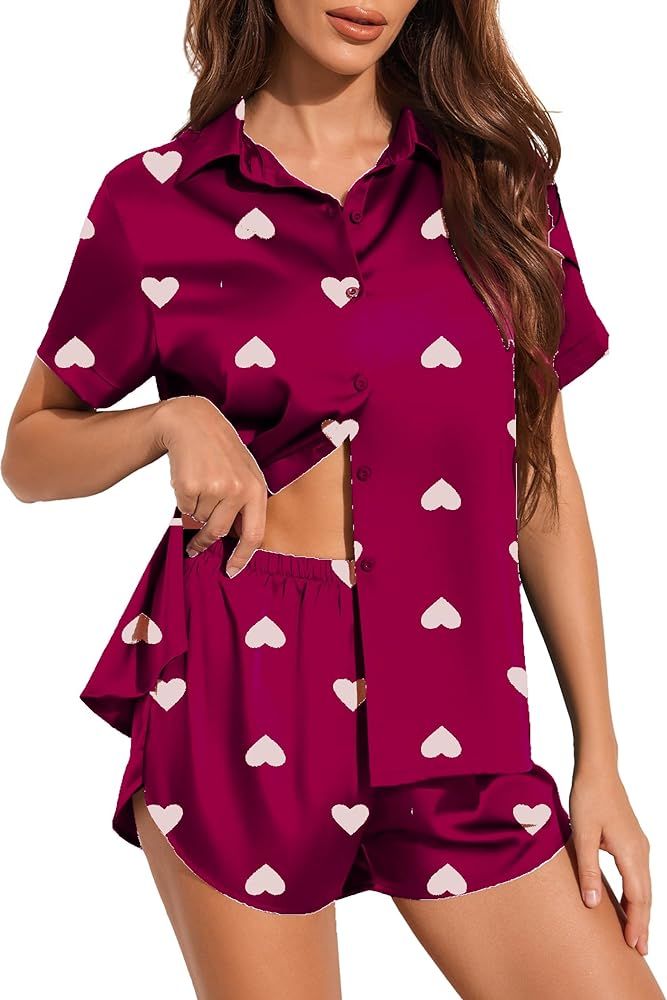 Ekouaer Silk Pajamas for Women Short Sleeve Satin Pajama Set 2 Piece Button Down Loungewear S-XXL | Amazon (US)