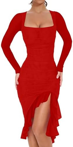 BORIFLORS Women's Sexy Ruched Bodycon Midi Dresses Elegant Mesh Long Sleeve Square Neck Ruffle He... | Amazon (US)