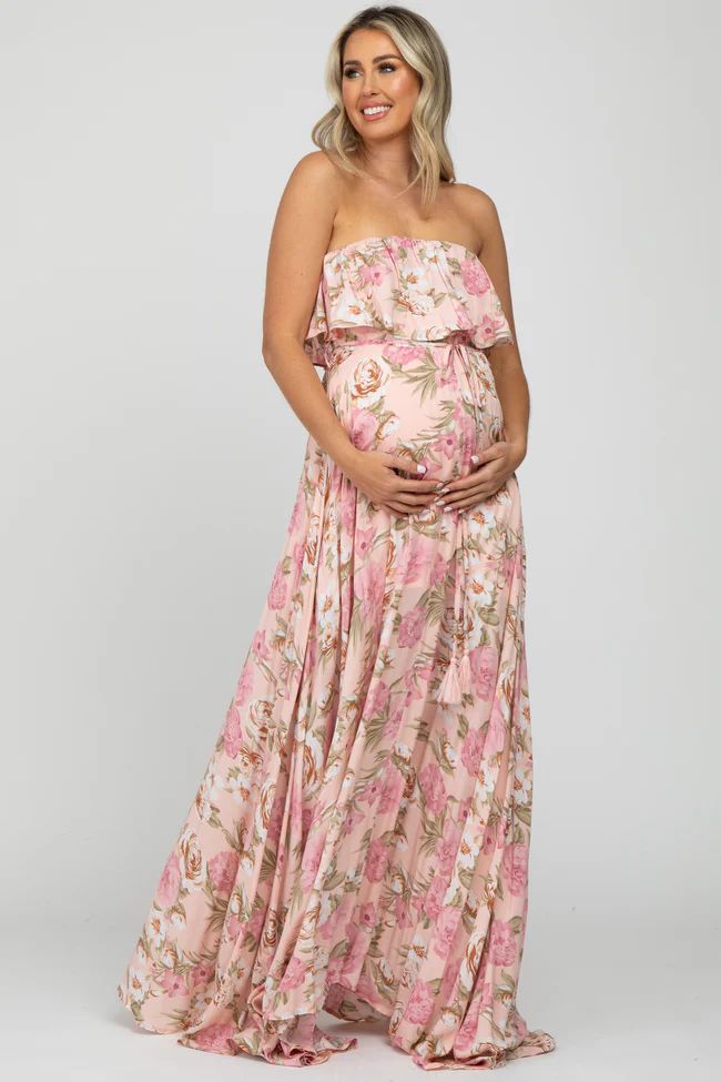 Pink Floral Strapless Ruffle Front Maternity Maxi Dress | PinkBlush Maternity