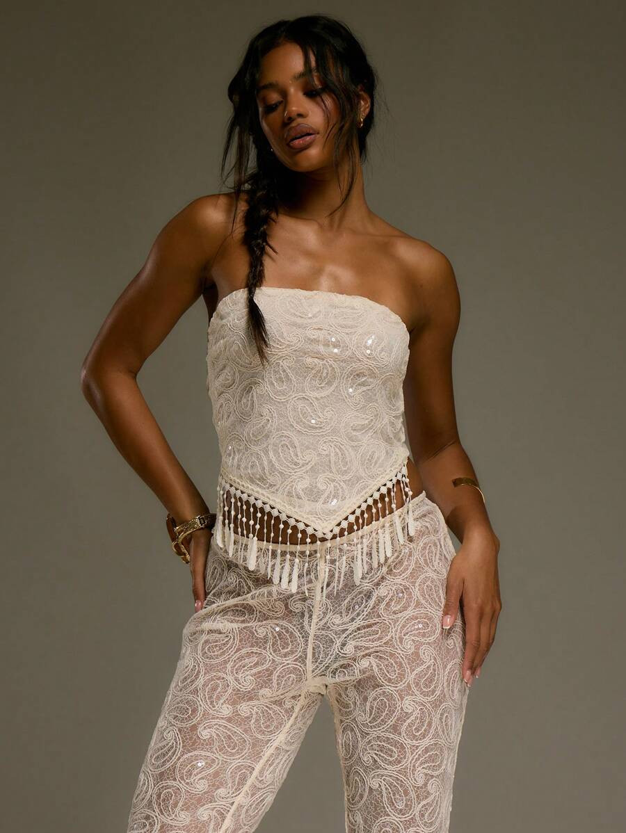 MUSERA Sequin Lace Fringed Tassel Detail Bandeau Top Western Country Fall Autumn Streetwear Festi... | SHEIN