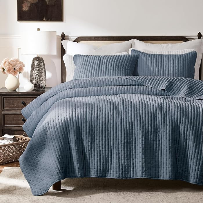 WDCOZY Blue Cross Stitch King Size Quilt Set, Striped Lightweight Soft Bedspread, Channel Farmhou... | Amazon (US)