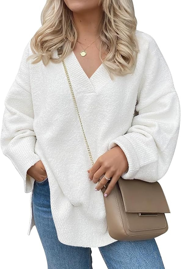 LILLUSORY Women's V Neck Oversized Sweaters 2023 Fall Long Sleeve Side Slit Fuzzy Knit Chunky War... | Amazon (US)