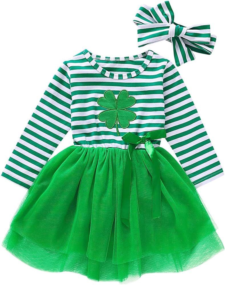 St Patricks Day Outfits Toddler Baby Girls Clover Dress Striped Long Sleeve Mesh Tutu Skirts with He | Amazon (US)