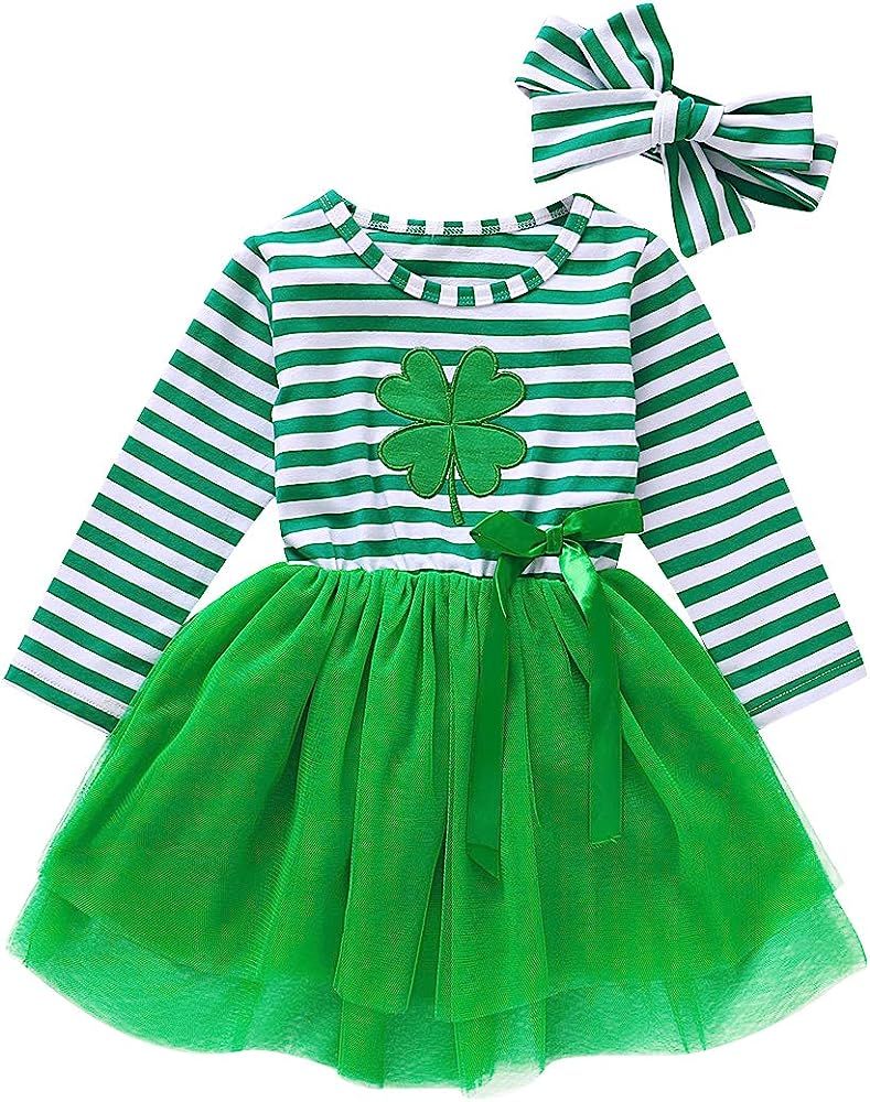 St Patricks Day Outfits Toddler Baby Girls Clover Dress Striped Long Sleeve Mesh Tutu Skirts with He | Amazon (US)