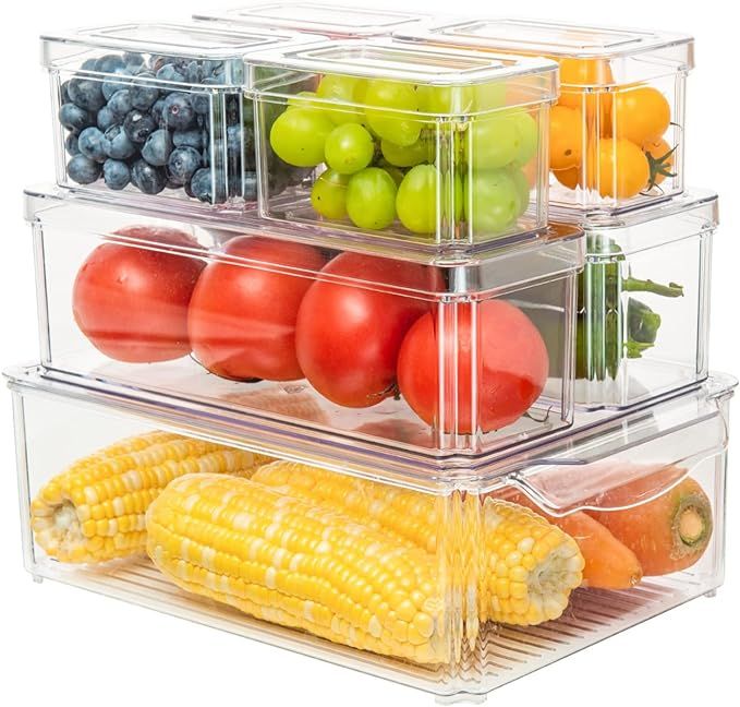 Pomeat 7 Pack Fridge Organizers, Stackable Refrigerator Organizer Bins with Lids, Plastic Storage... | Amazon (US)