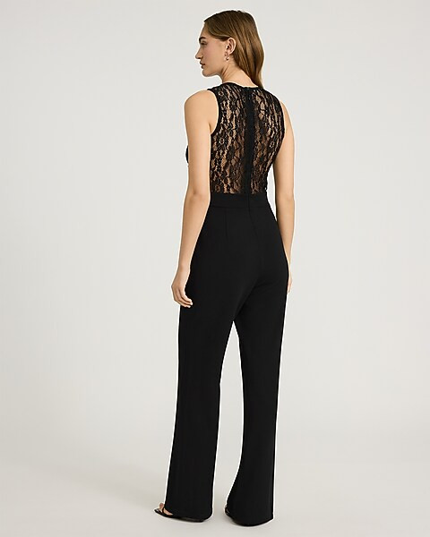 EXPRESS x bebe Lace Pieced Crew Neck Wide Leg Jumpsuit | Express