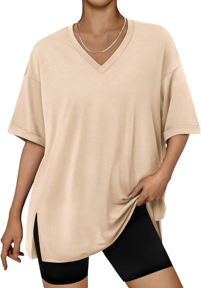 Trendy Queen Oversized Tshirts for Women Workout Plus Size Tops V Neck Short Sleeve Gym Shirts Ca... | Amazon (US)