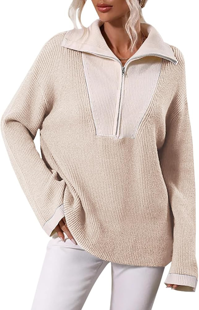 FERBIA Womens Zip Up Long Sleeve Color Block Lapel Pullover Sweaters Ribbed Knit Loose Cozy Jumpe... | Amazon (US)