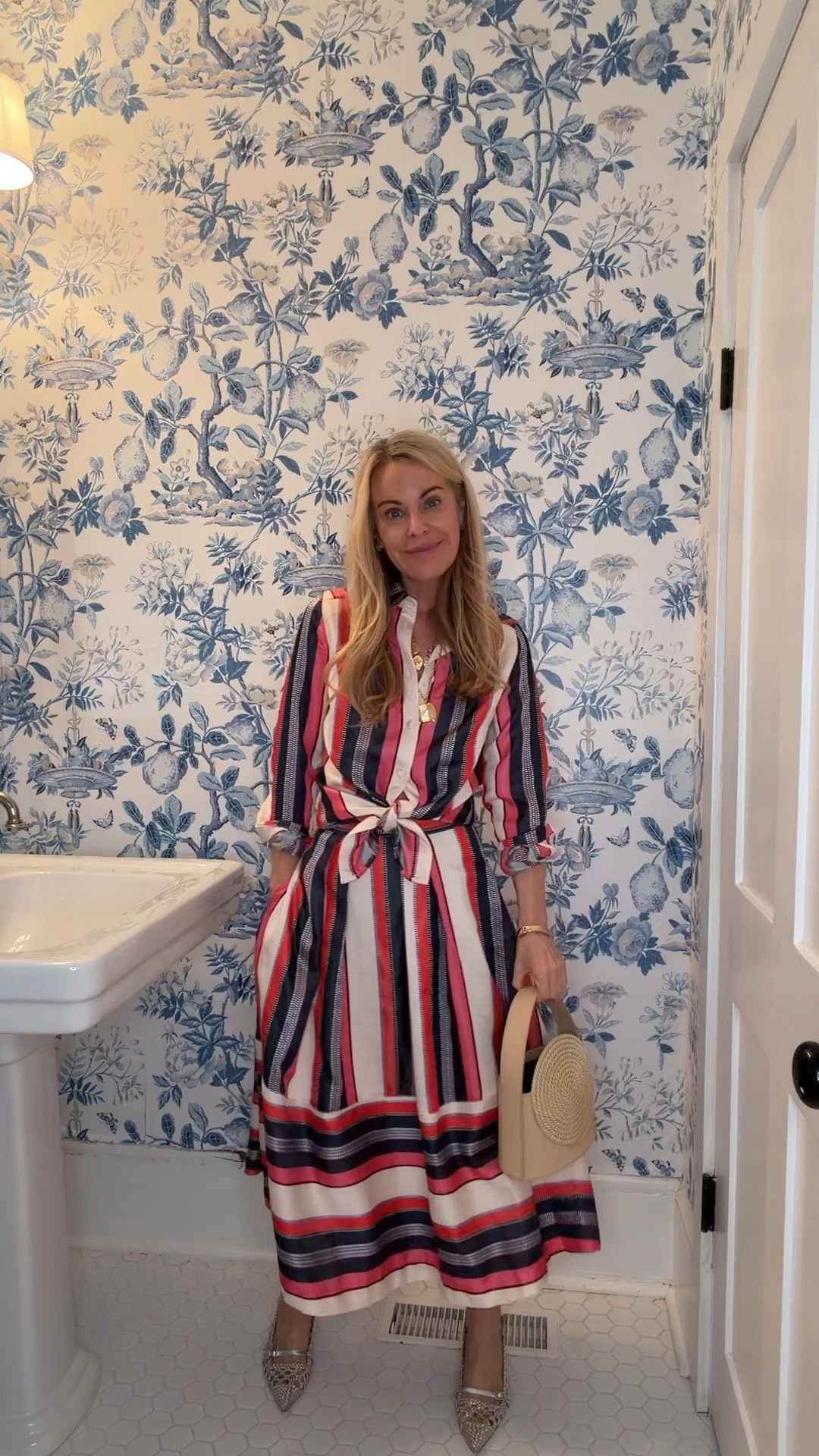 Adore this matching skirt set.  Packing her for Paris. Wear tighter, tie blouse up like me, add a t-shirt for day, pair a navy blouse w the skirt. So much versatility 