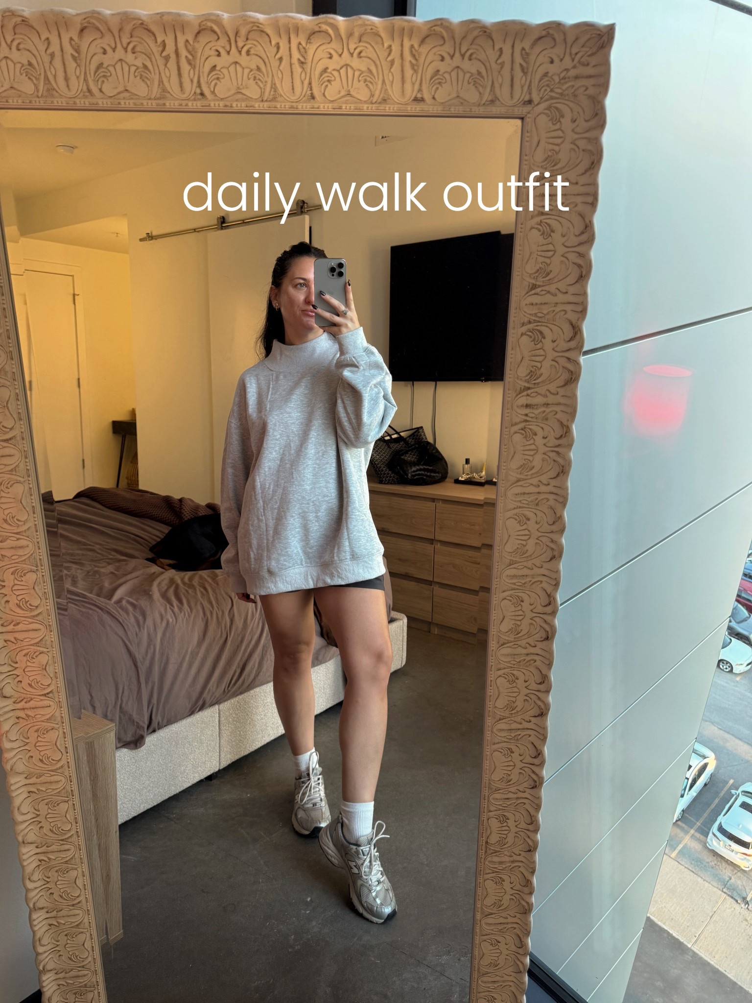 Transitional fall outfit for my daily walk 🚶🏻‍♀️
I’m 5’2 130 lbs for reference—wearing an L in the sweatshirt and M in shorts for an oversized fit.

Shoes are 6.5Y (same as 8W)!

Parke sweatshirt dupe, cowl neck sweatshirt, fall outfit, walk outfit, casual outfit

#LTKFindsUnder50 #LTKActive #LTKSeasonal