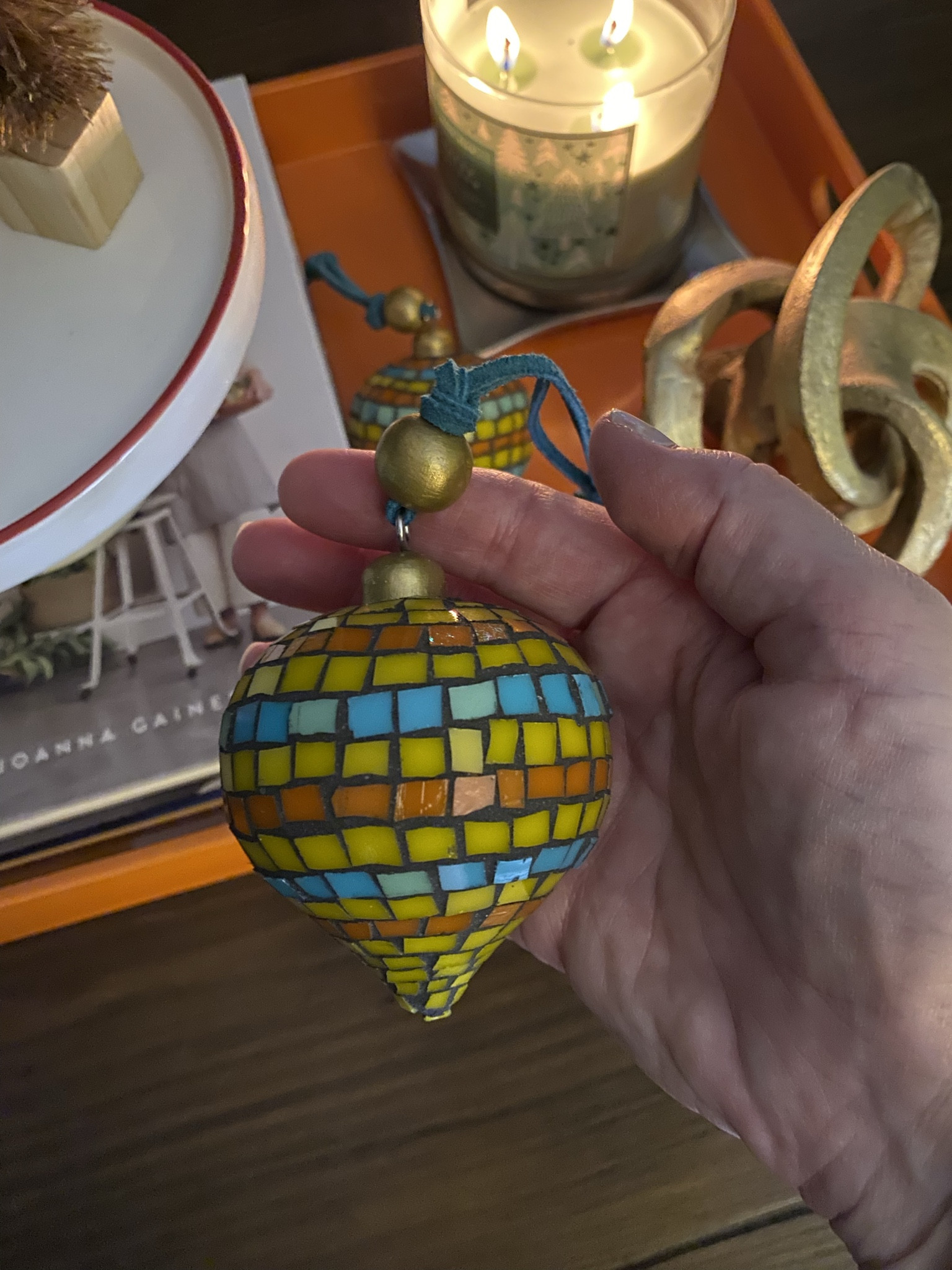 Sharing mosaic ornaments made of hand-cut stained glass in yellow, orange, and turquoise. 🎄 Ornaments hang from a metallic gold wood bead and turquoise suede lace. 🎄 For mosaic tips, tutorials, inspiration, and so much more please visit my YouTube channel: YouTube.com/julieweilbacher. 🎄 Follow @julieweilbacher on Instagram for all things mosaic art. glass ornaments - stained glass ornaments - mosaics - hostess gift - Christmas home decor - handmade glass ornaments - holiday decorr

#LTKHoliday #LTKhome #LTKSeasonal