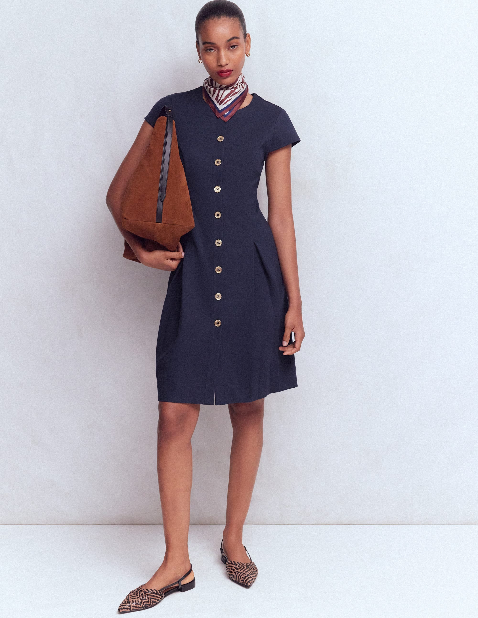 Short Pleated Ponte Dress-Navy | Boden UK