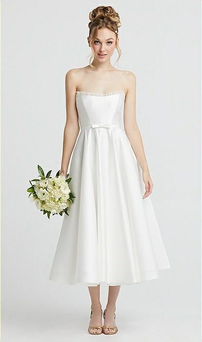 Ruffle-Trimmed Strapless Satin Wedding Dress with Pockets in Off White | The Dessy Group