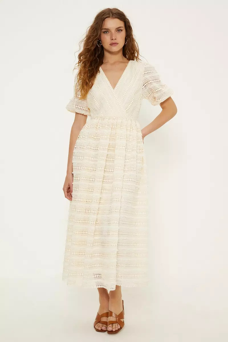 Wrap Front Puff Sleeve Lace Midi Dress | Debenhams UK