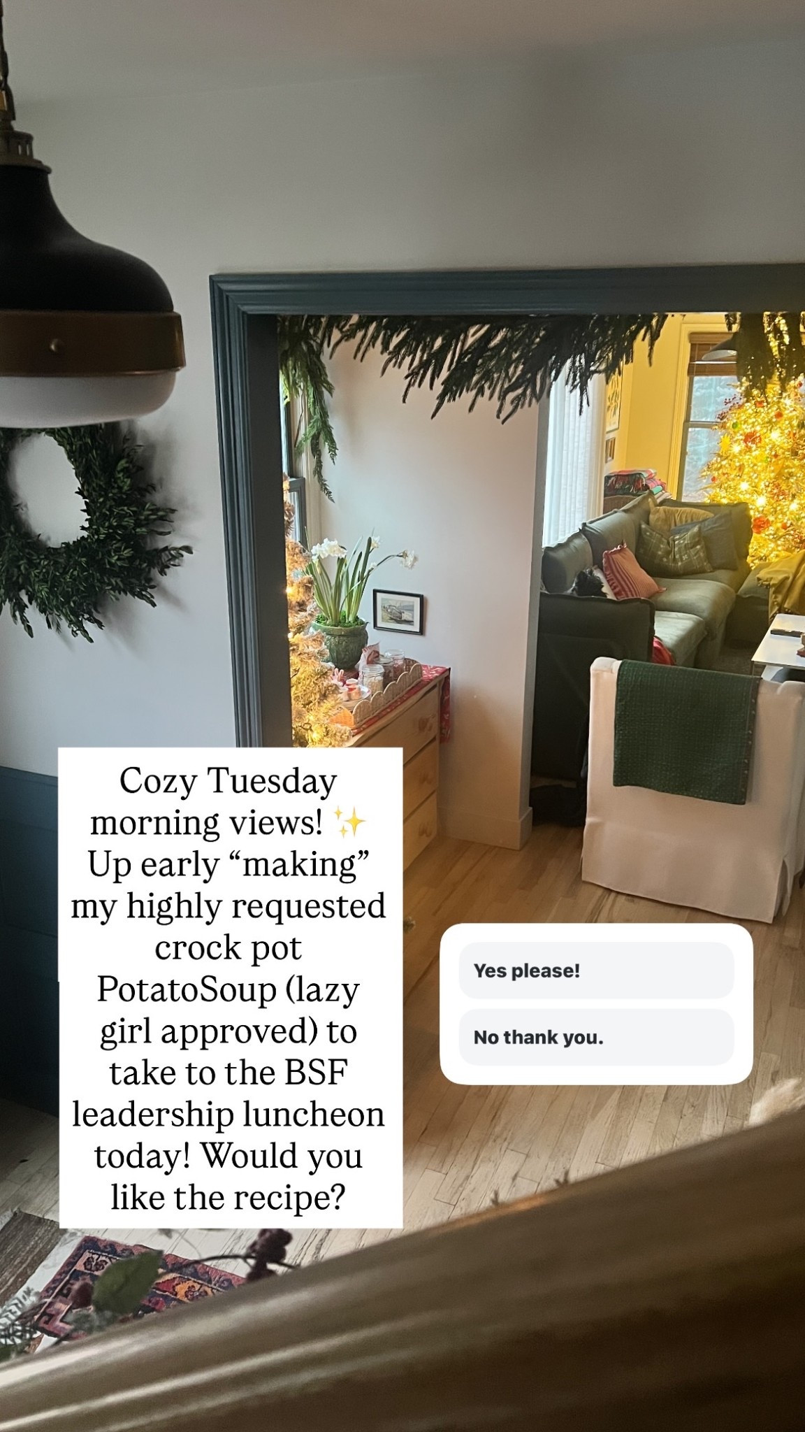 Cozy Tuesday morning views! ✨ Up early “making” my highly requested crock pot PotatoSoup (lazy girl approved) to take to the BSF leadership luncheon today! Would you like the recipe?

#LTKSeasonal #LTKHoliday #LTKGiftGuide