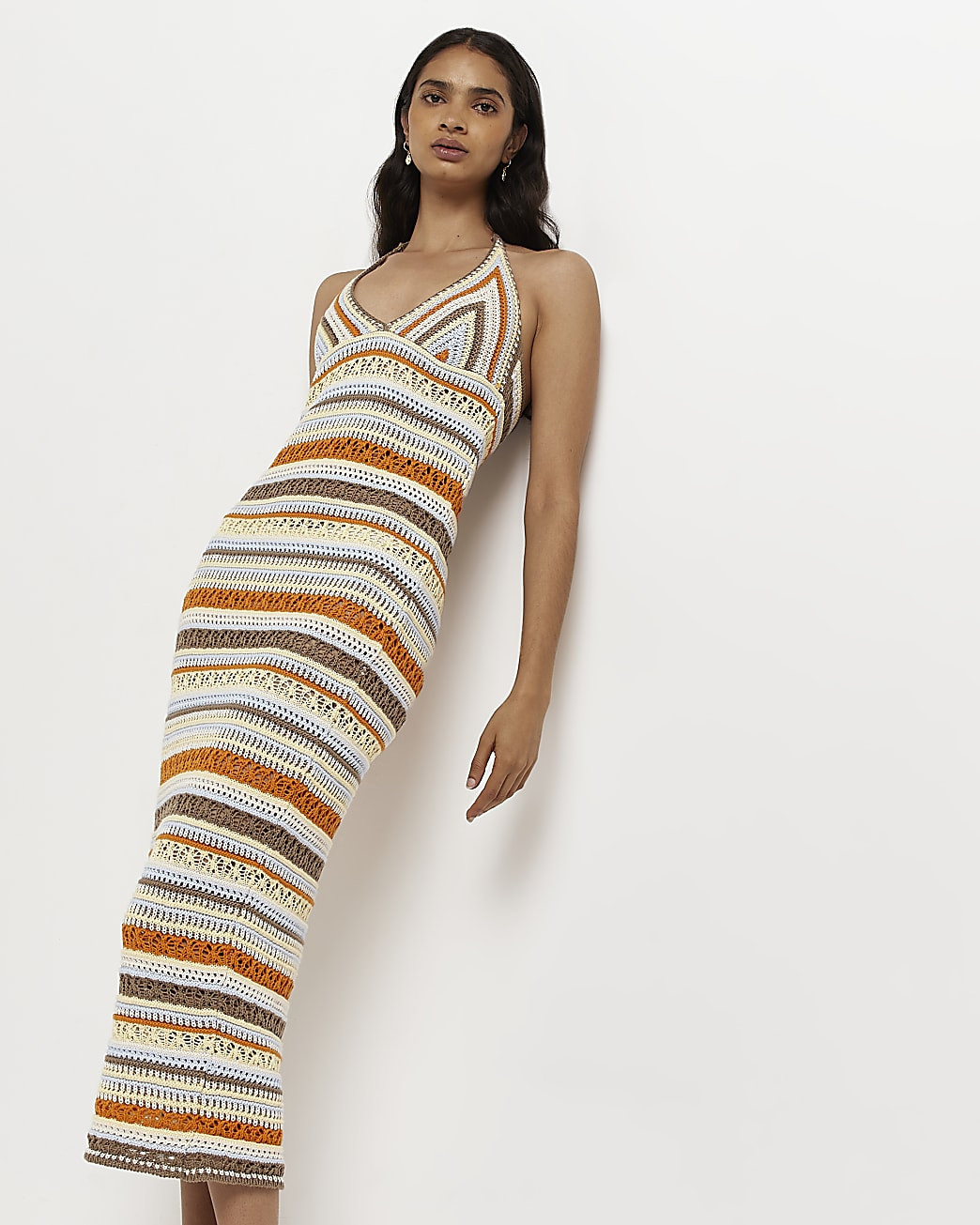Orange stripe crochet midi dress | River Island (UK & IE)
