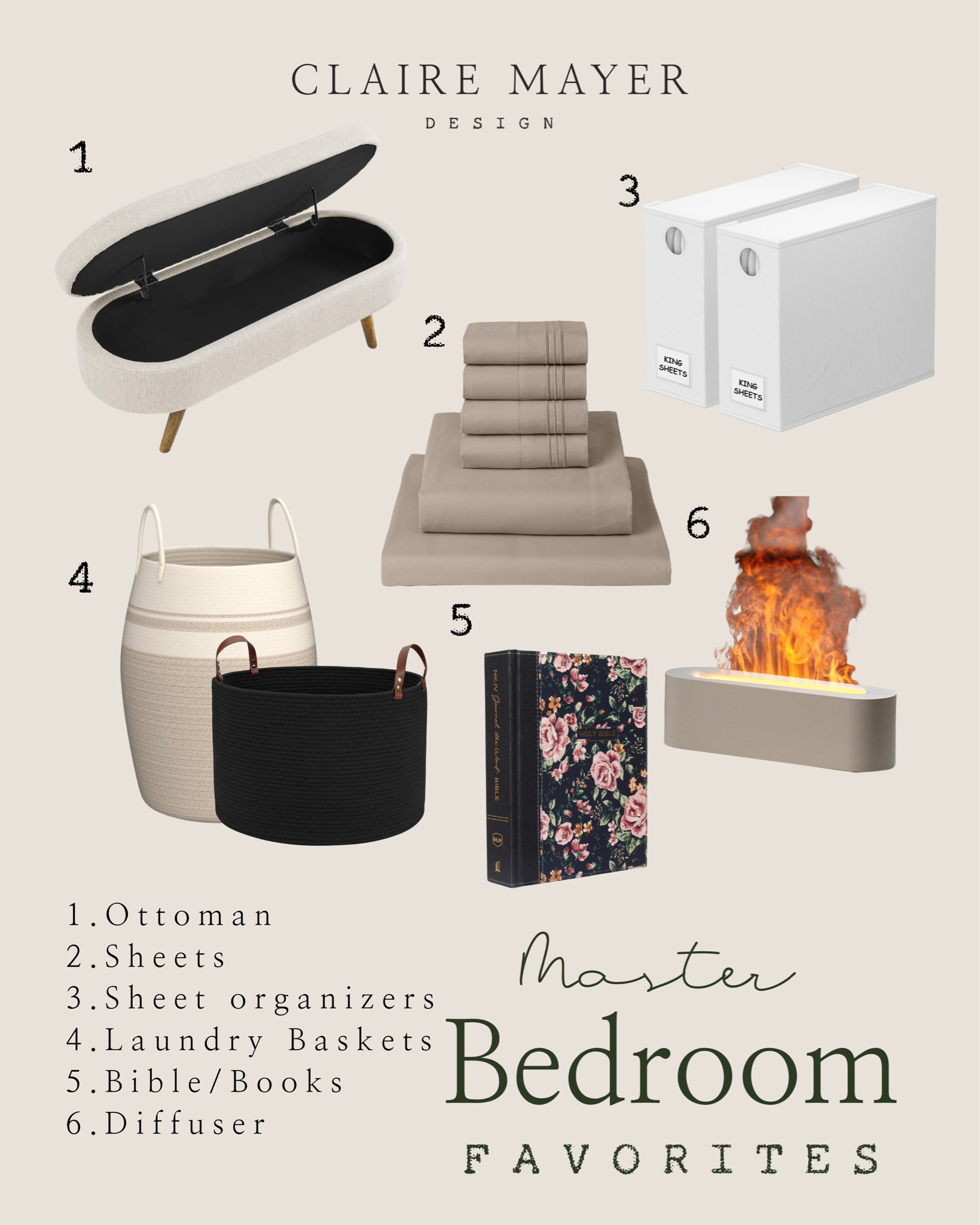 Here are a few of my master bedroom favorites! Books and a diffuser on the nightstand set the tone for relaxation. Fresh sheets give a comfy vibe, and ottomans with storage, laundry baskets, and a sheet organizer keeps everything in its place! 

#LTKFindsUnder100 #LTKHome #LTKFamily