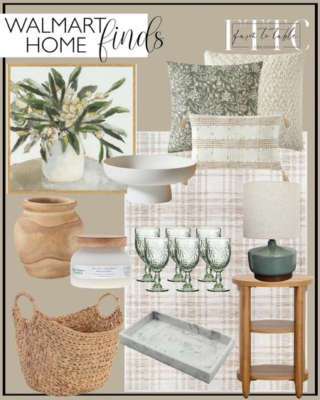 Walmart Home Finds. Follow @farmtotablecreations on Instagram for more inspiration.

Style House 100% Cotton Botanical Floral Decorative Pillow 20" x 20". Mainstays Rosette Plush Decorative Square Throw Pillow, 22" x 22", Ivory Color. Better Homes & Garden 100% Cotton Plaid Stripe Oblong with Tassels and Poly Fill Insert, Beige, 14" x 24". Better Homes & Gardens Hyacinth Hurricane Candle Holder, Brown. Better Homes & Gardens 13" Artificial Peperomia Plant in Natural Wicker Basket. Portable Fruit Draining Bowl High Base Fruit Basket Decorative Fruit Holder. Crystal Art Gallery Contemporary Still Life with Vase Framed Canvas Art, Neutrals. Better Homes & Gardens Large Natural Water Hyacinth Boat Basket. My Texas House Hampshire Plaid 5 X 7 Driftwood Reversible Outdoor Rug. Better Homes & Gardens 7" Natural Wood Vase by Dave & Jenny Marrs. Better Homes & Gardens Modern Mid-Century Ceramic Table Lamp with Wood Base, 17"H. Better Homes & Gardens Springwood Caning Side Table, Light Honey Finish. Better Homes & Gardens 18oz Salted Coconut & Mahogany Scented 2-Wick Frosted Bell Jar Candle. Better Homes & Gardens Faux Marble Vanity Tray, White. WHOLE HOUSEWARES Green Vintage Wine Glass Goblet Set - 6. 

#LTKsalealert #LTKfindsunder50 #LTKhome