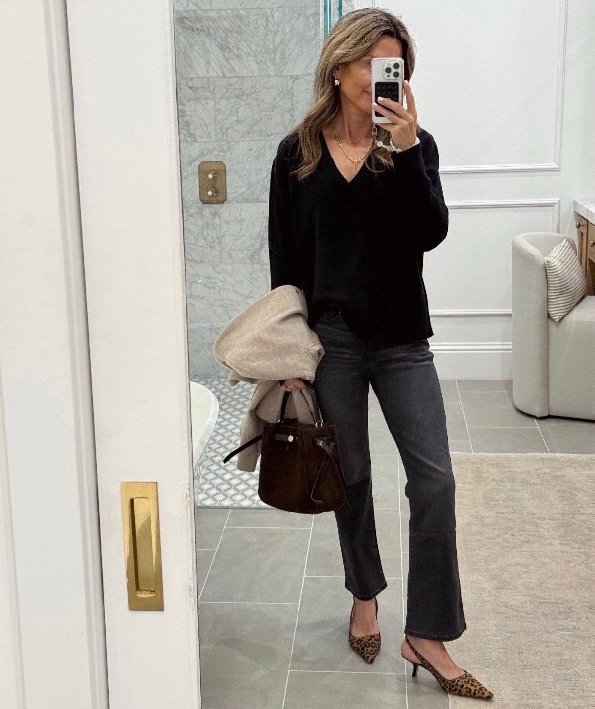 -Quince kick flare jeans. I size up one size, I’m 5’6”
-black v-neck sweater 
-leopard heels TTS.

#LTKgrwm #LTKootd