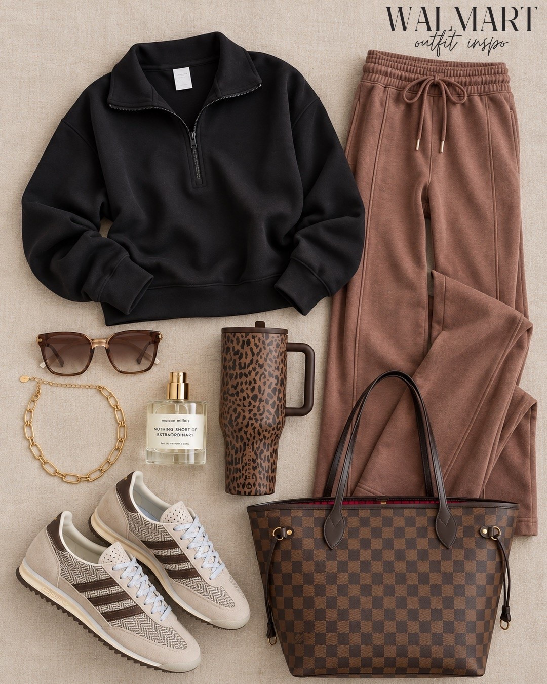 Lounge / athleisure outfit inspo from Walmart with elevated accessories.