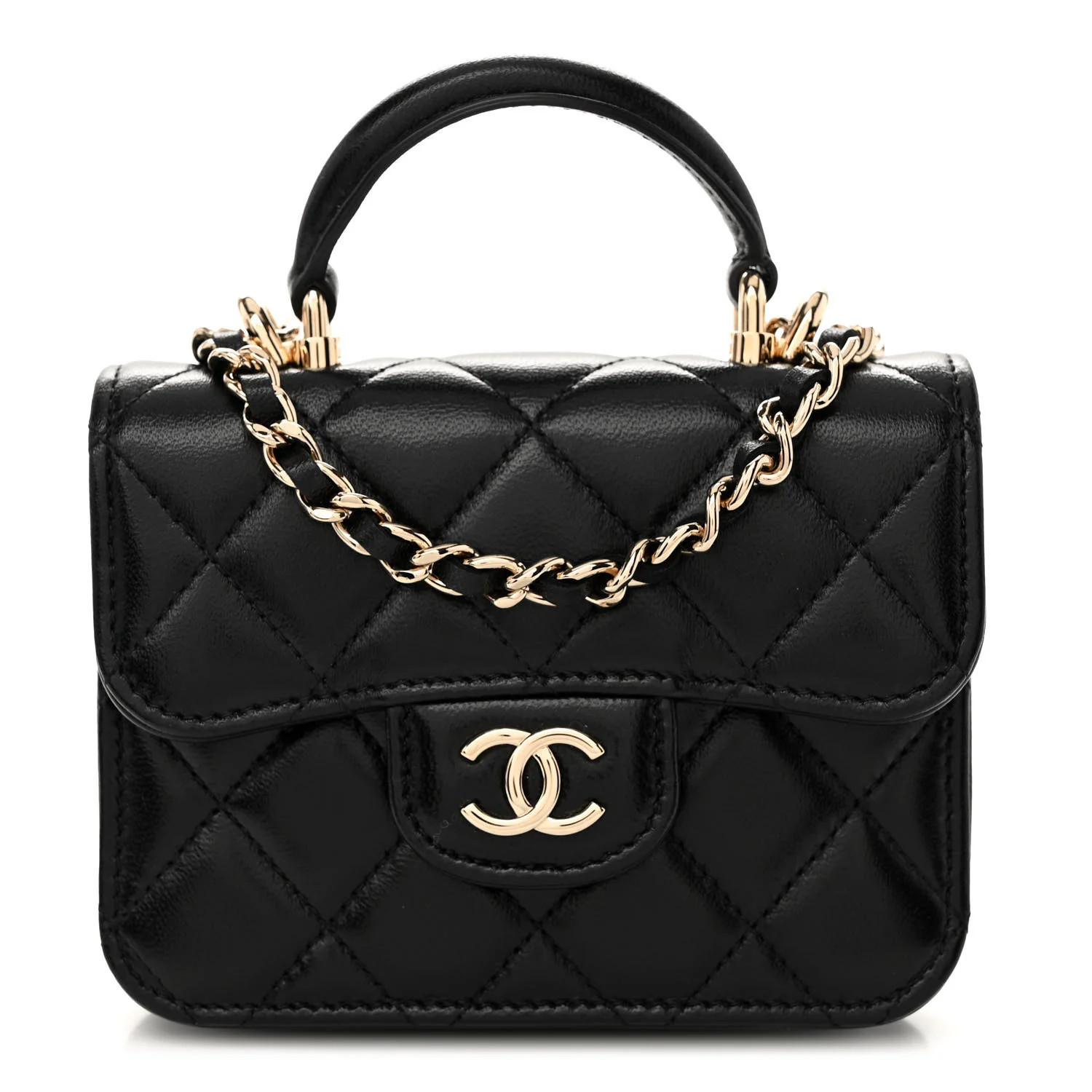 Lambskin Quilted Top Handle Flap Coin Purse With Chain Black | FASHIONPHILE (US)