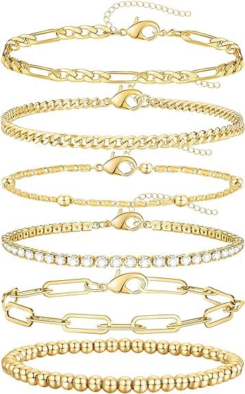 adoyi Dainty Gold Silver Chain Bracelets Set for Women Girls 14K/18K Real Gold Plated Layered Lin... | Amazon (US)