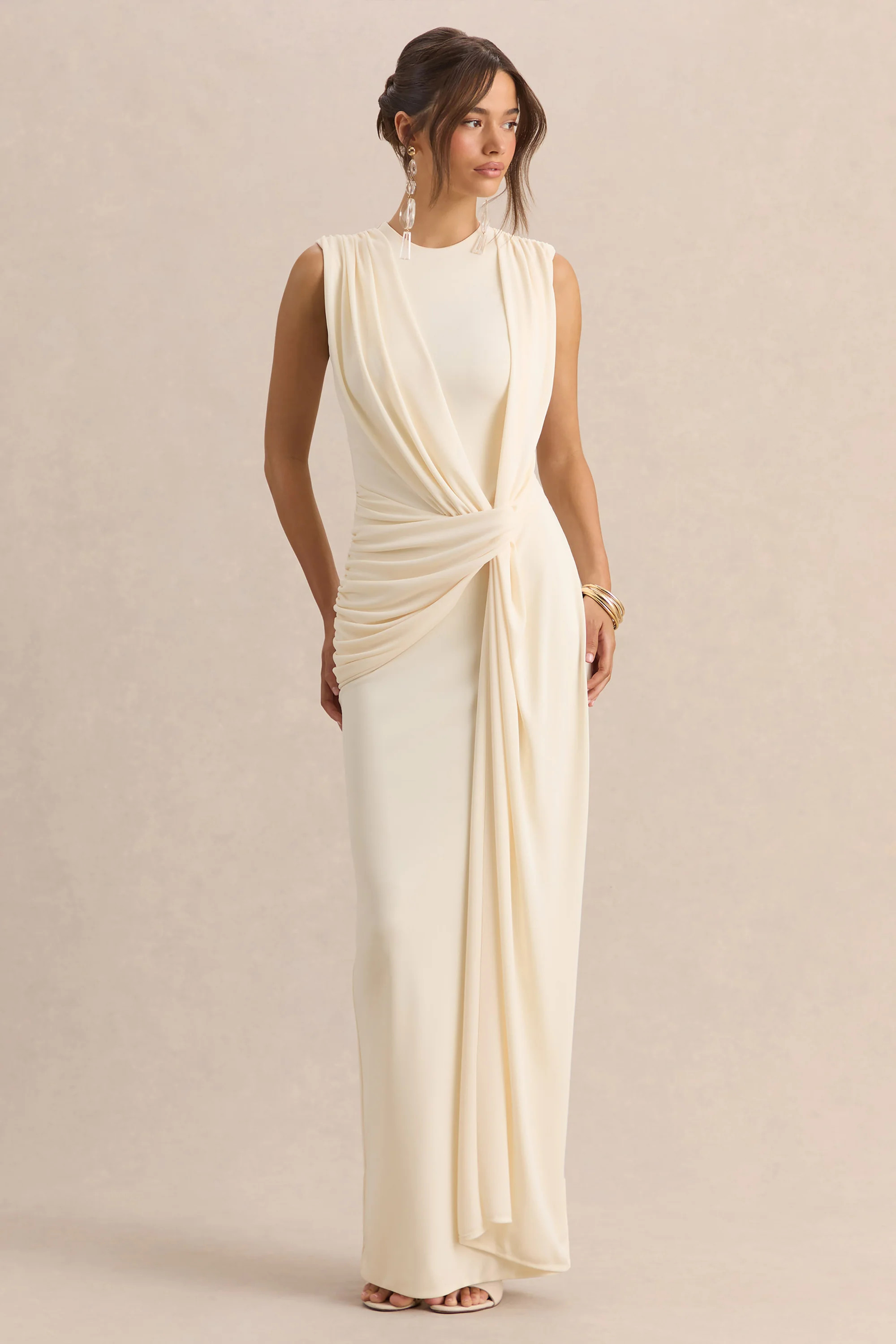 Blythia | Cream Round-Neck Maxi Dress With Gathered-Detailing | Club L London