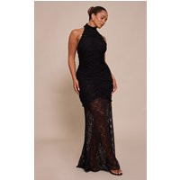 Shape Black Lace Ruched High Neck Dropped Hem Maxi Dress | PrettyLittleThing US