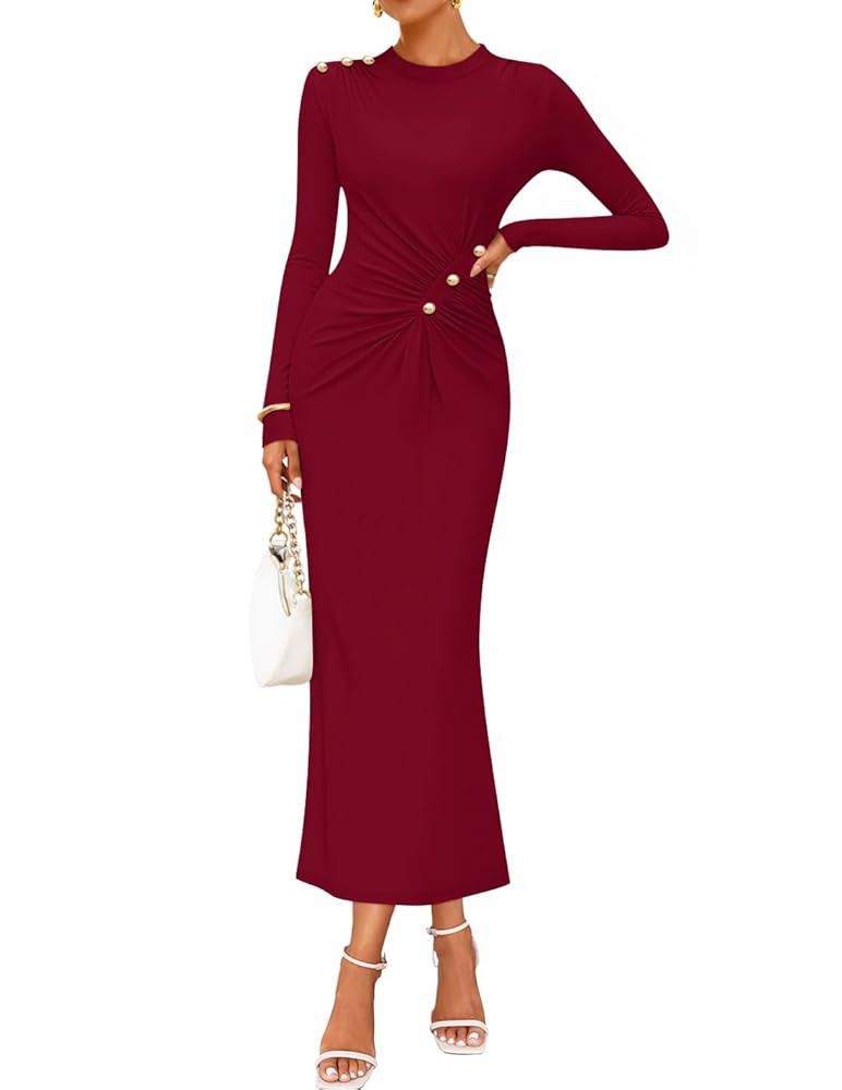 ZESICA Womens 2025 Fall Long Sleeve Mock Neck Bodycon Midi Dress Ruched Knit Elegant Party Cockta... | Amazon (US)