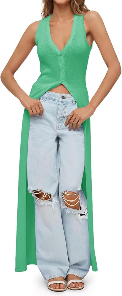 Saodimallsu Womens Long Cardigans Sleeveless V Neck Button Lightweight Knit Duster Vest Top Beach... | Amazon (US)