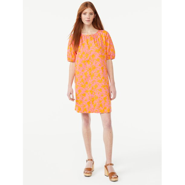 Free Assembly Women's Shirred Neck Mini Dress with Short Sleeves | Walmart (US)