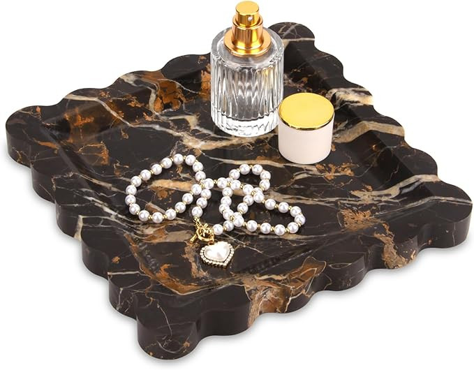 Square Marble Decorative Tray with Scalloped Edge,Luxury Natural Stone Bathroom Vanity Tray, Dres... | Amazon (US)