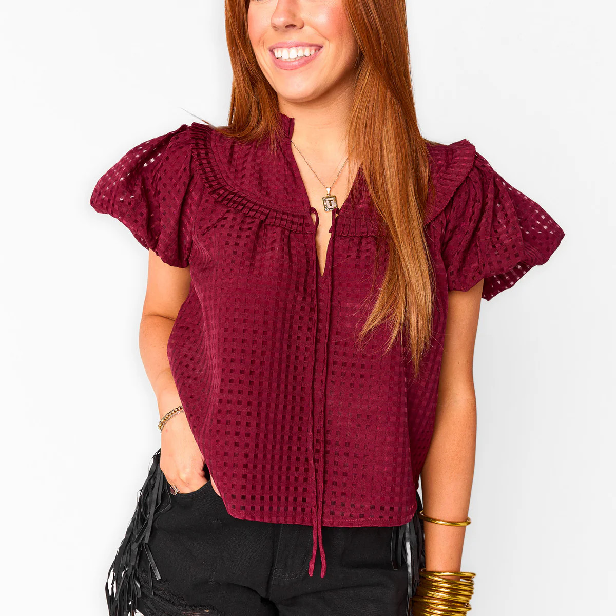 Leeland Puff Sleeve Top - Maroon (PRE-ORDER) | BuddyLove
