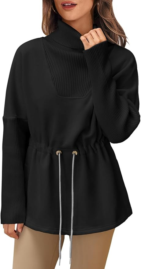 Fisoew Women's Turtleneck Sweatshirts Fleece Drawstring Waist Casual Long Sleeve Pullover Sweater... | Amazon (US)