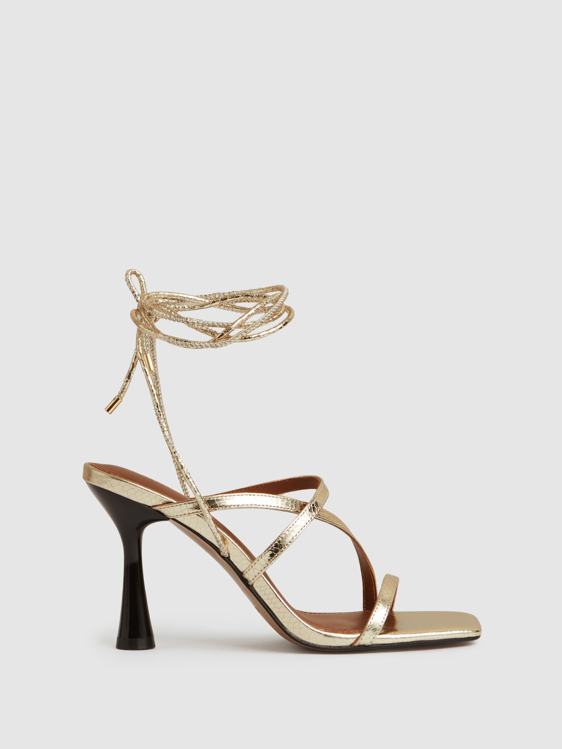 Leather Metallic Strappy Heeled Sandals in Gold | Reiss UK