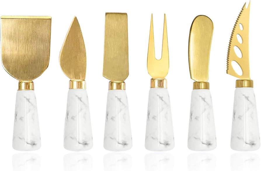 Golden Cheese Knife Set 6 Piece Marble Handle Butter Spatula Knives Cheese Spreader Cutter with E... | Amazon (US)