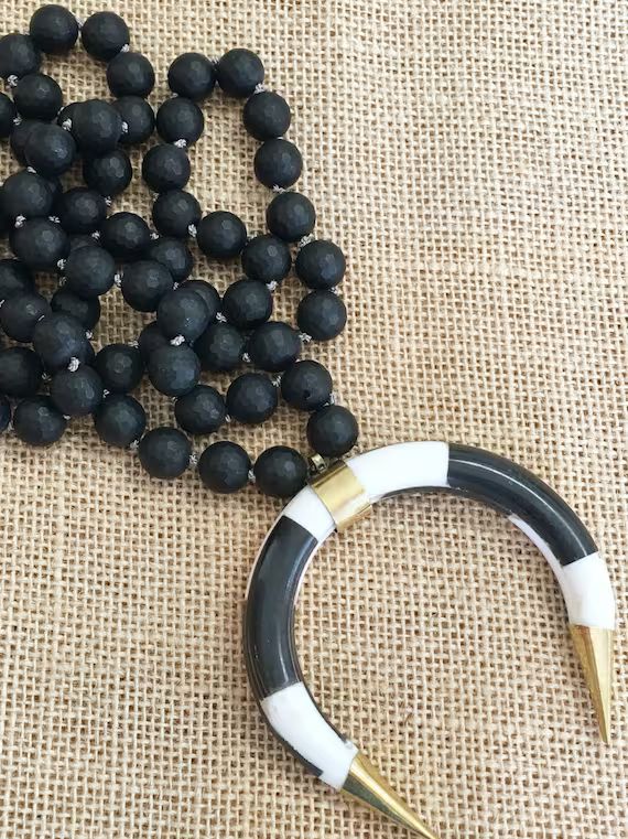 Knotted Matte Onyx necklace with Ox Bone horn | Etsy | Etsy (US)