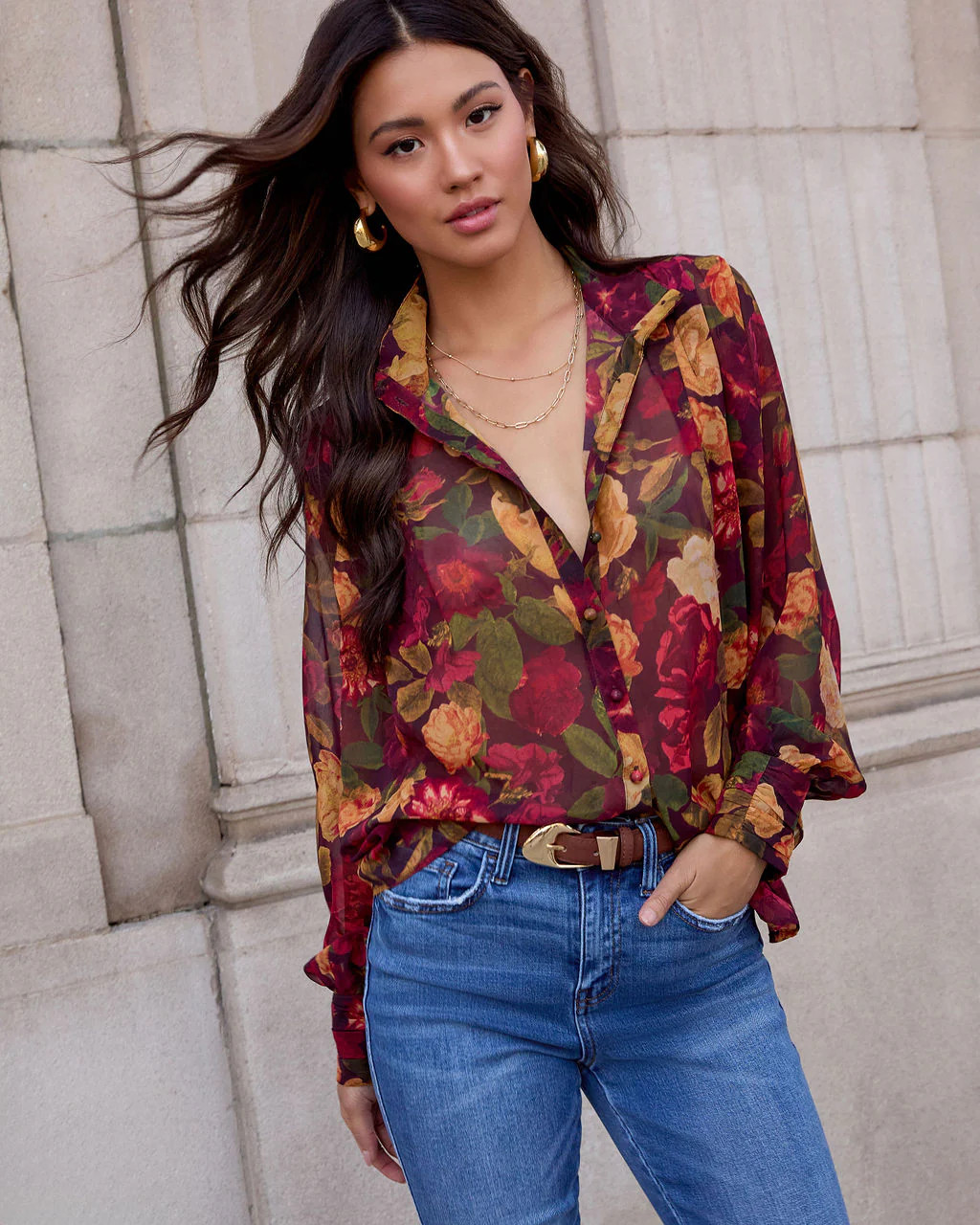 Sweet Maple Floral Mock Neck Blouse | VICI