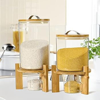 Rice Dispenser | Food Storage Containers: Glass Cereal Container with Airtight Bamboo Lids & Wood... | Amazon (US)