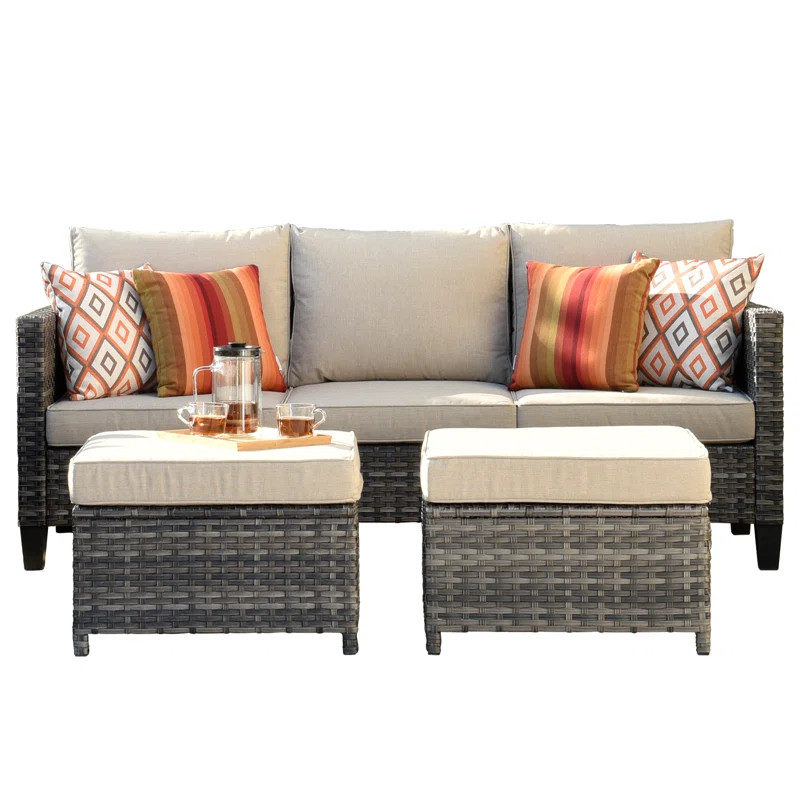 Harbin 76.77" Wide Outdoor Wicker Patio Sofa with Cushions | Wayfair North America