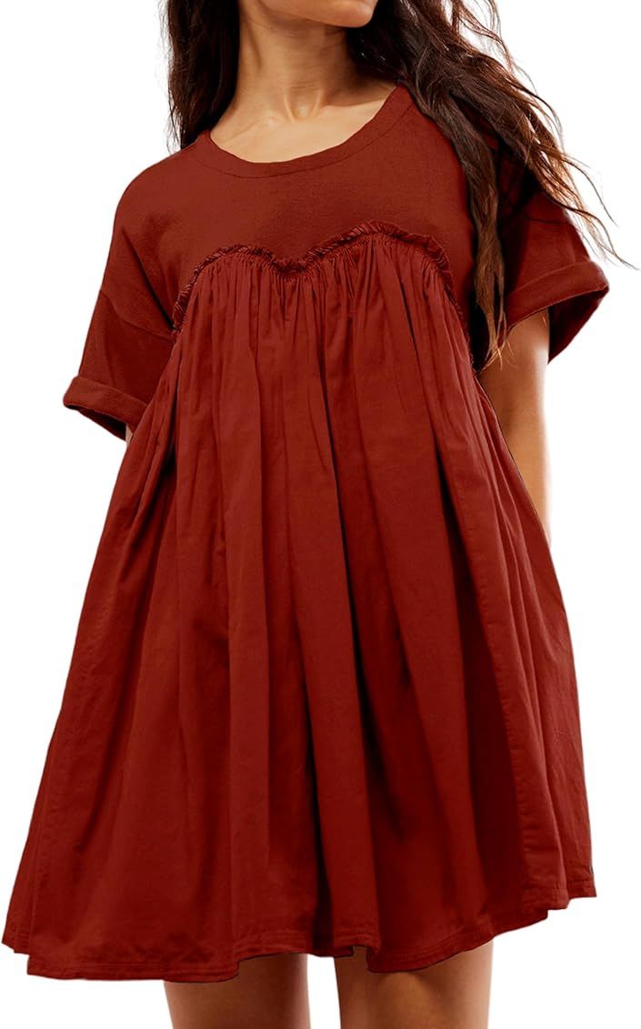 Dqbeng Babydoll Dress for Women Summer Pleated Mini Dress Crew Neck Short Sleeve Tunic Dress with... | Amazon (US)